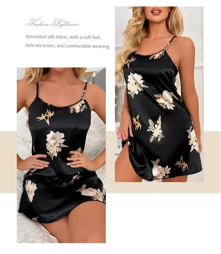Vêtements de nuit pour femmes, vêtements d'intérieur, nuisette sexy noire à imprimé floral, chemises de nuit en soie, chemises de nuit pour femmes