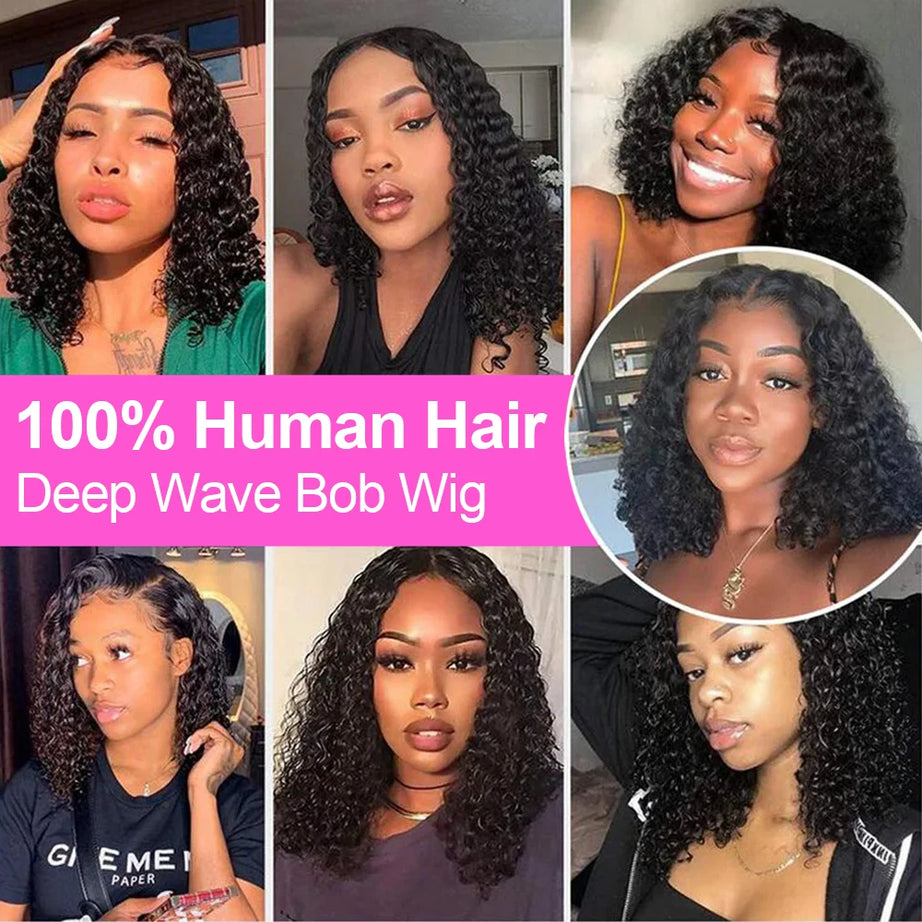 Perruques bouclées au carré, cheveux humains brésiliens, 13x4 Deep Water Wave, perruques frontales en dentelle 5x1 et 13x1 avec raie en T, pour femmes, pré-épilées à 200 %.