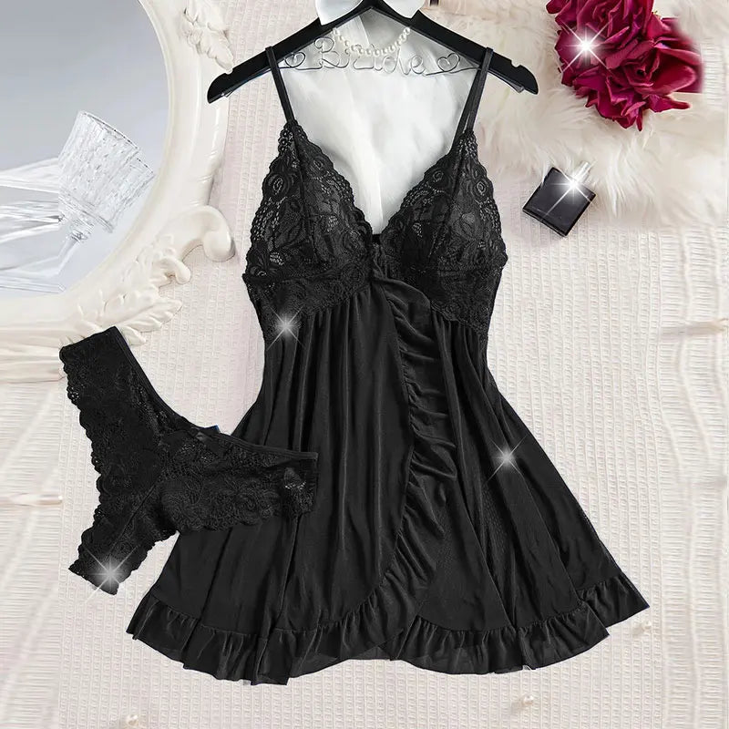 Robe de nuit d'été sexy et chaude, sans manches, dos nu, en dentelle transparente, couleur unie, pyjama doux, ensemble string court à col en V