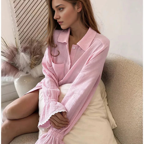 Ensemble pyjama en coton pour femme, automne, chemise à manches longues et short, ensemble 2 pièces, vêtements de nuit décontractés à volants.
