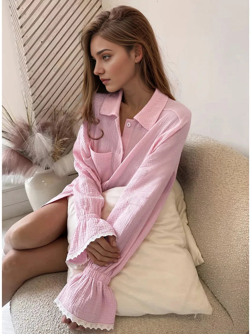 Ensemble pyjama en coton pour femme, automne, chemise à manches longues et short, ensemble 2 pièces, vêtements de nuit décontractés à volants.