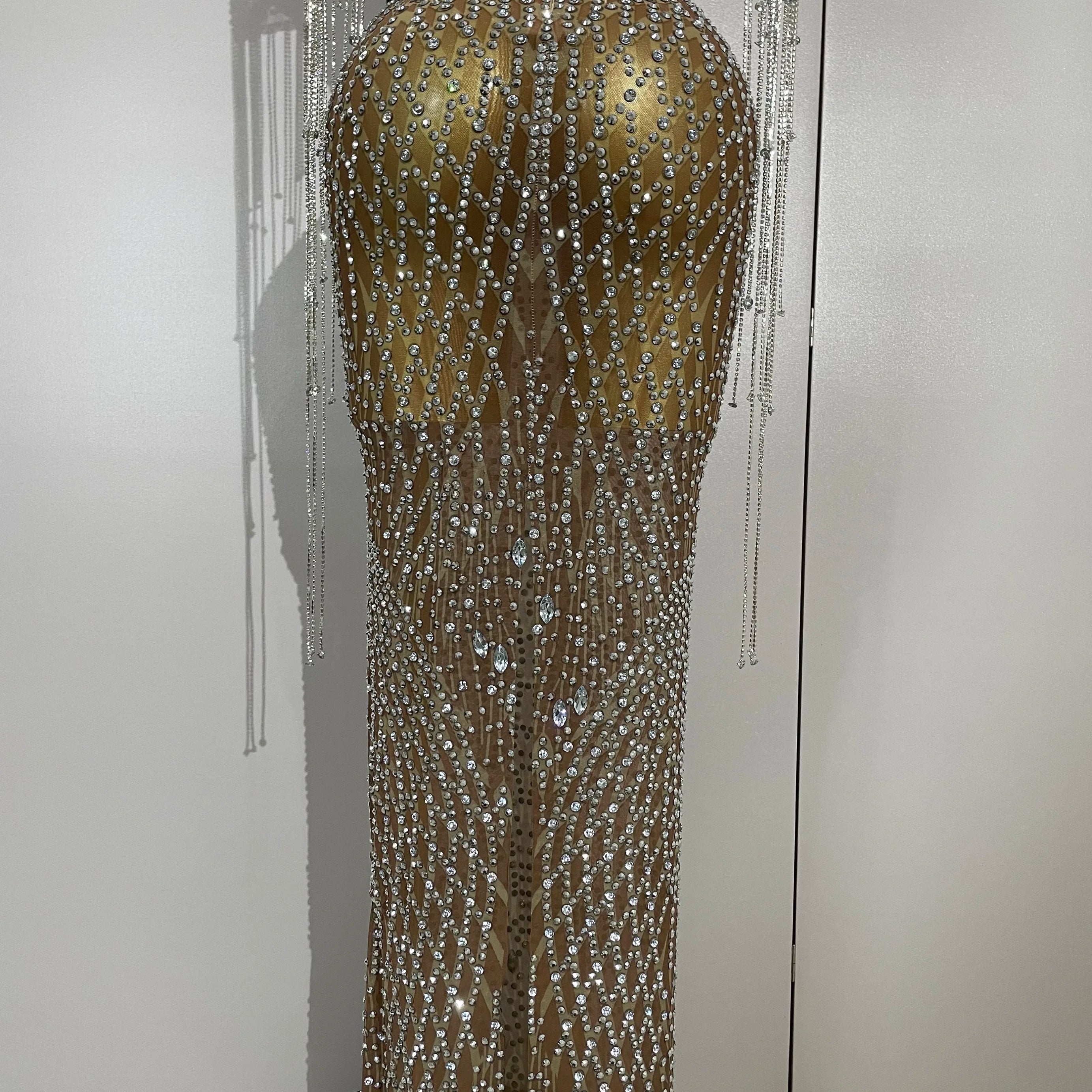 Luxery Sparkly Rhinestones Tassel Transparent Mesh Stretch Long Dress Women Evening Celebrate Birthday Dress Sexy Stage Costumes