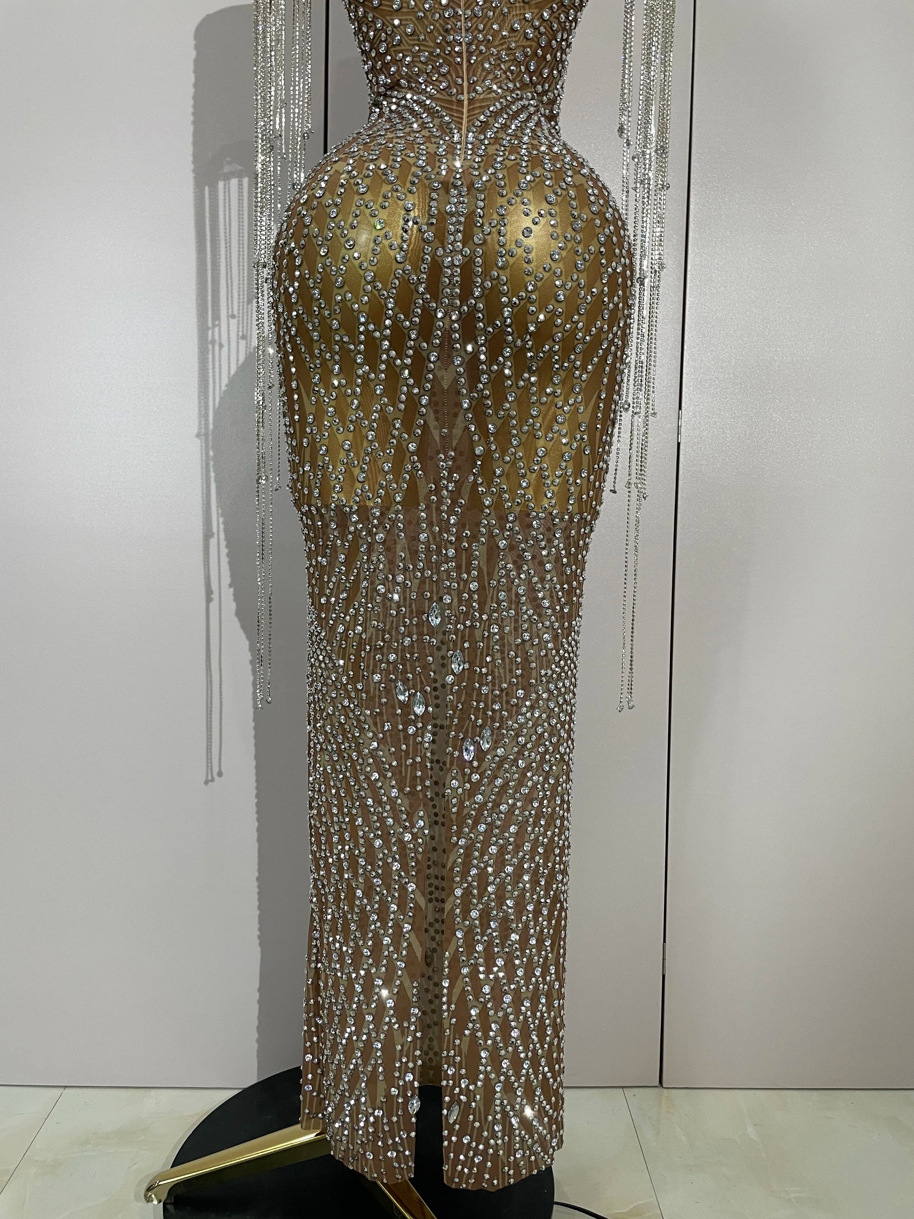 Luxery Sparkly Rhinestones Tassel Transparent Mesh Stretch Long Dress Women Evening Celebrate Birthday Dress Sexy Stage Costumes