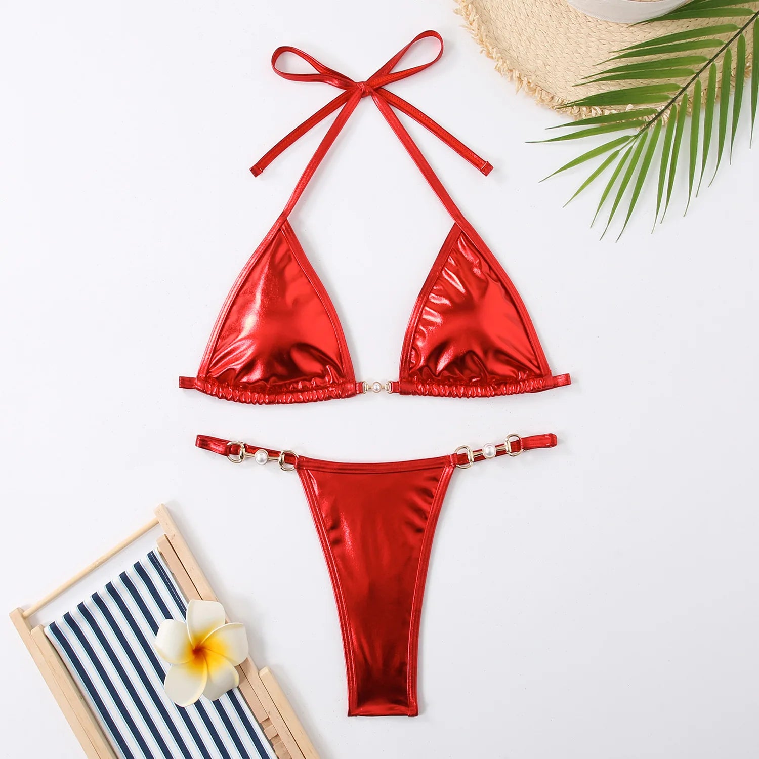 Micro bikini rose brillant 2025 Femme Sexy PU Perles Push-up String Maillot de bain été Maillot de bain bandage vacances