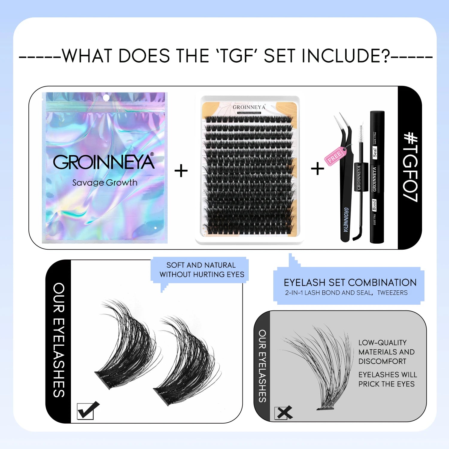 Kit de faux cils GROINNEYA avec patchs waterproof à tenue forte, kit d'extension de cils à faire soi-même, colle et fixateur, pince à épiler et maquillage.