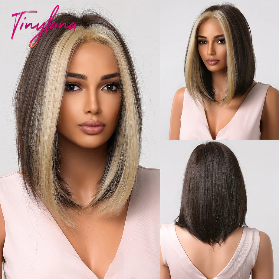 Perruque synthétique blanche, blonde et grise avec frange, coupe courte et lisse, idéale pour le cosplay et le quotidien. Cheveux naturels et résistants à la chaleur.