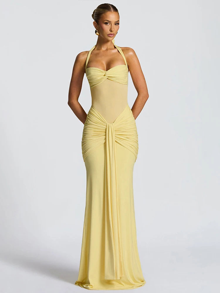 Robe maxi élégante patchwork pour femme, style classique et sexy, avec rubans transparents, dos nu et bretelles fines, coupe moulante, tendance festival et soirée.