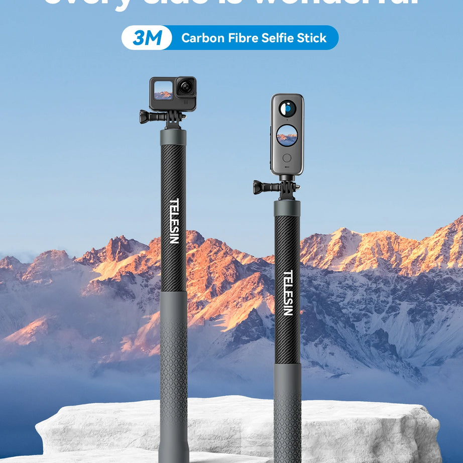 Perche à selfie monopode extensible TELESIN en fibre de carbone de 1,2 m x 3 m, avec vis 1/4", compatible avec les caméras d'action GoPro, Insta360, Osmo Action et DJI.