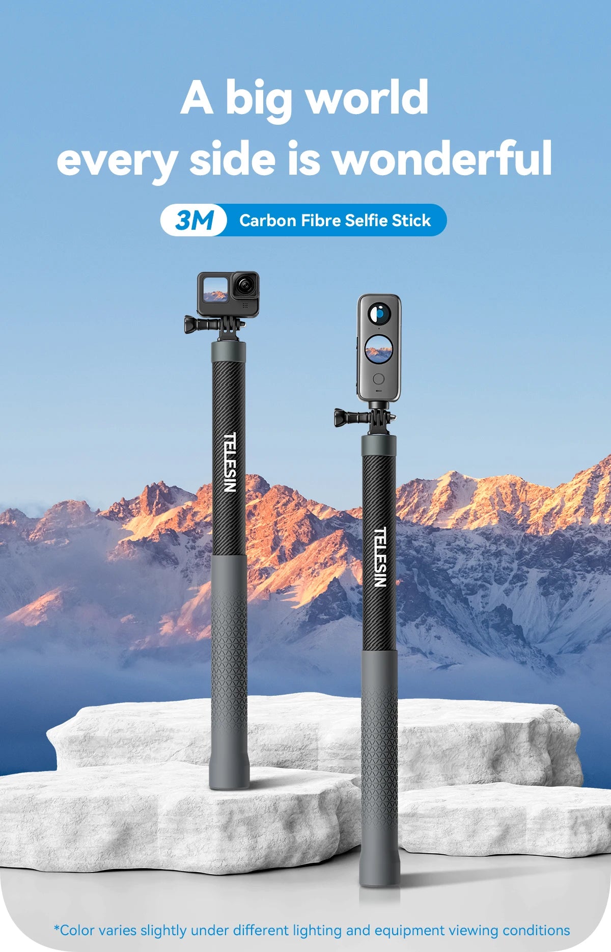 Perche à selfie monopode extensible TELESIN en fibre de carbone de 1,2 m x 3 m, avec vis 1/4", compatible avec les caméras d'action GoPro, Insta360, Osmo Action et DJI.