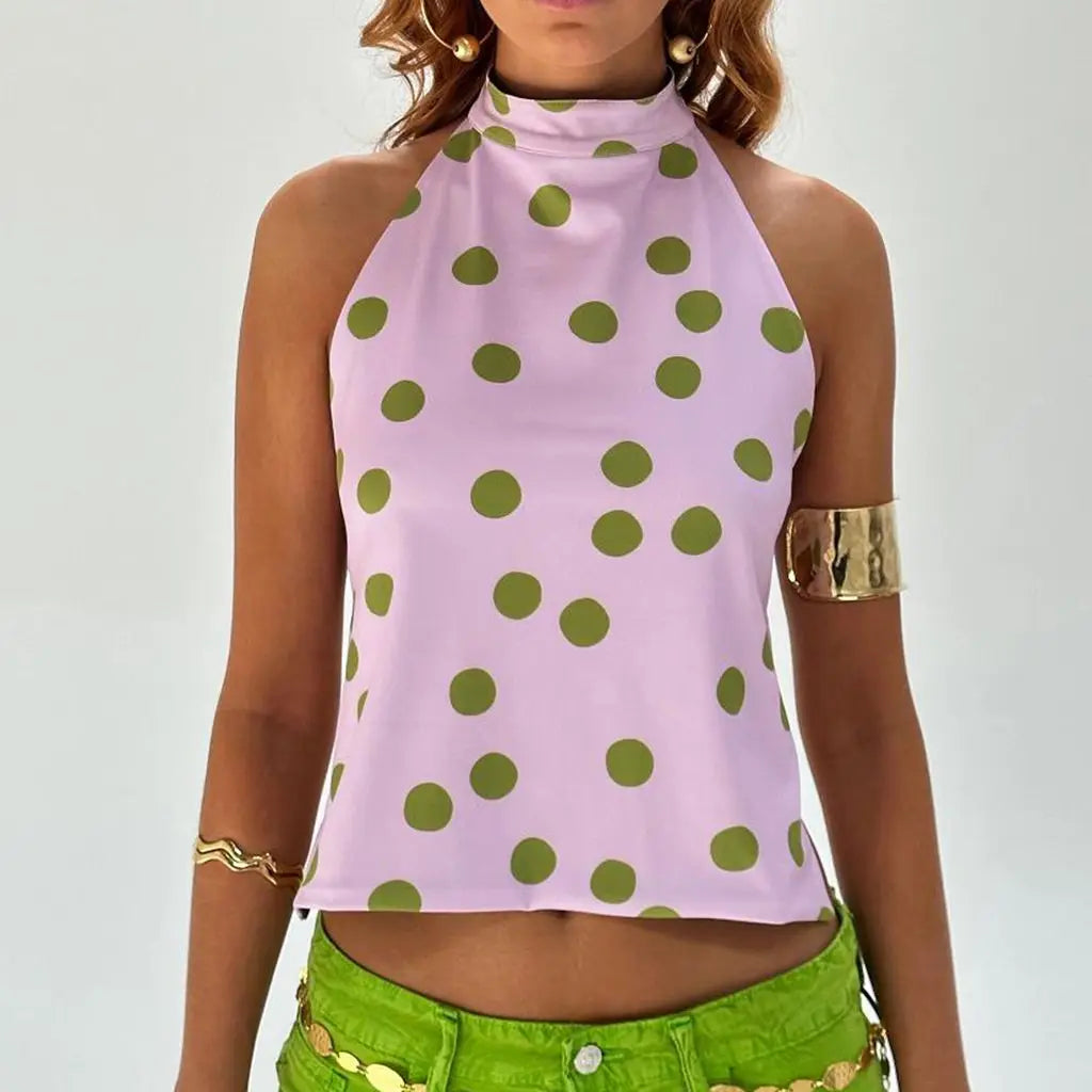 Combhasaki Débardeurs d'été pour femmes, style années 2000, à boutons, col halter, sans manches, dos nu, imprimé à pois/fleurs tie-dye