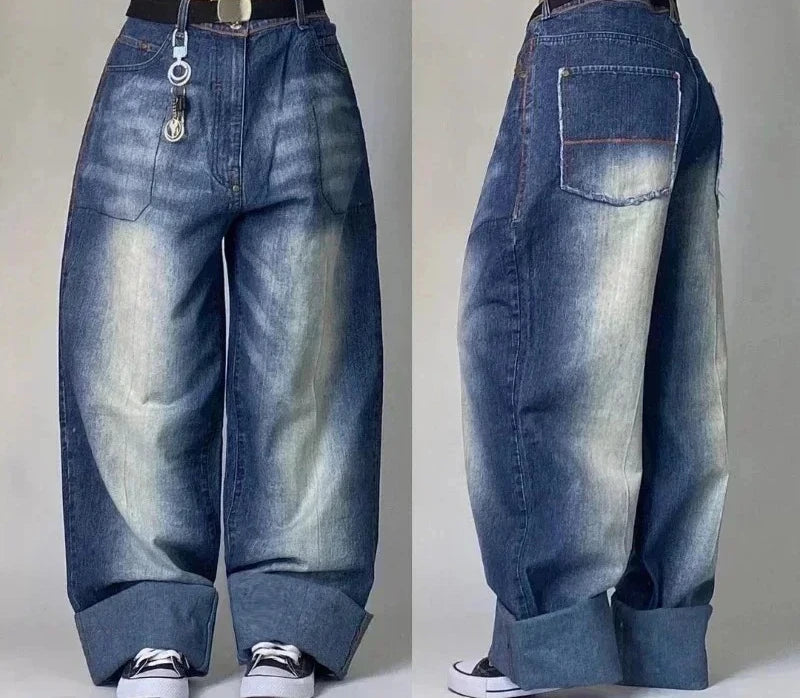 Jean tendance streetwear brodé de têtes de mort pour femme, style Harajuku Y2K, pantalon droit à jambes larges, style Joker, jean décontracté pour couple