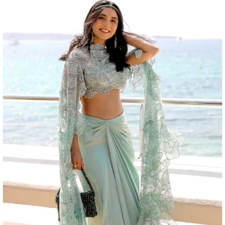 Indian Saree 2 Piece Prom Gowns Chic Lace Pleated vestido do fiesta Fashion Long Sleeve Formal Dresses Mint Color