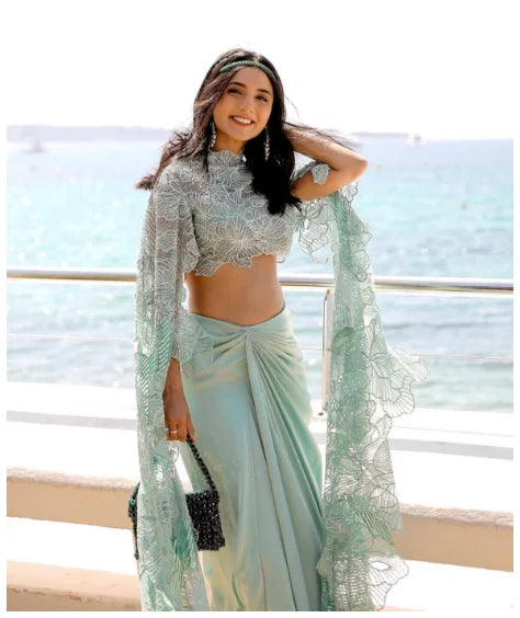 Indian Saree 2 Piece Prom Gowns Chic Lace Pleated vestido do fiesta Fashion Long Sleeve Formal Dresses Mint Color