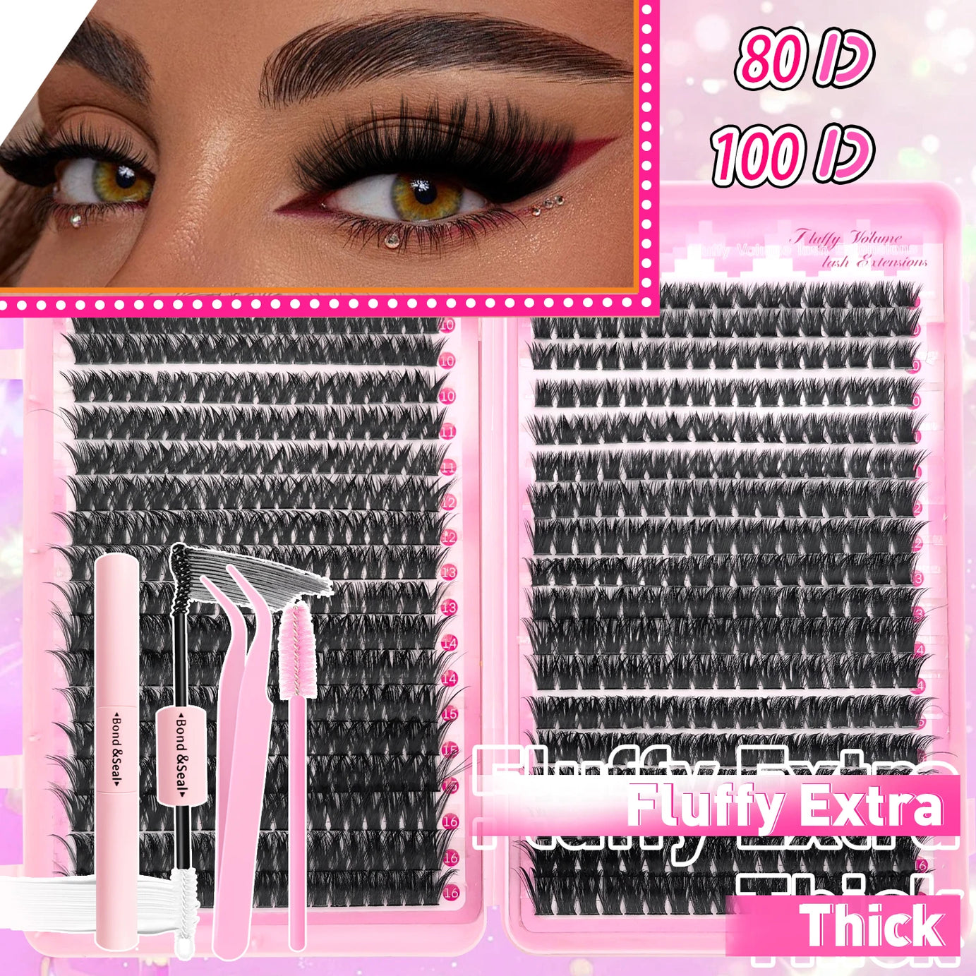 Kit d'extension de cils à faire soi-même : faux cils individuels de 9 à 16 mm avec colle et fixateur, effet naturel et vaporeux.