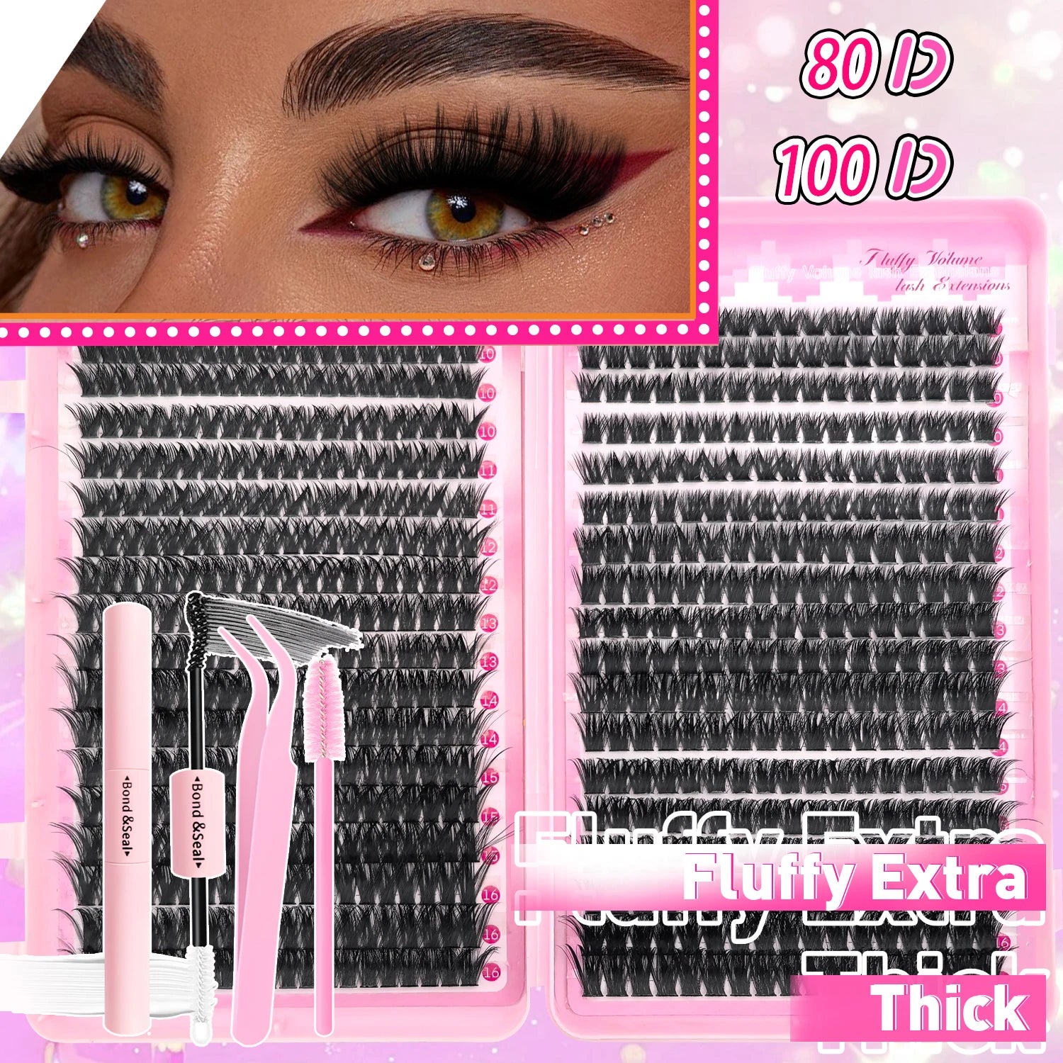 Kit d'extension de cils à faire soi-même : faux cils individuels de 9 à 16 mm avec colle et fixateur, effet naturel et vaporeux.