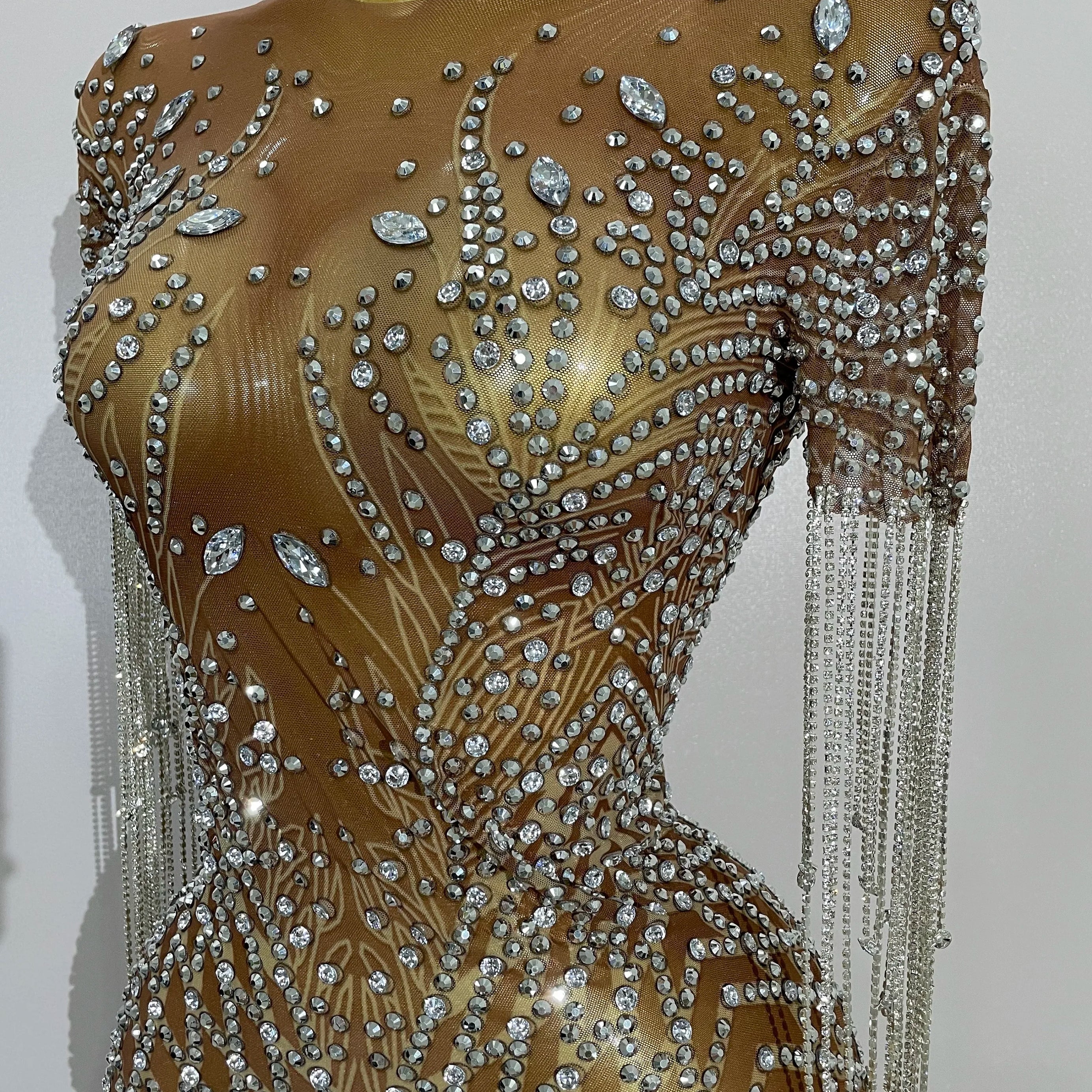 Luxery Sparkly Rhinestones Tassel Transparent Mesh Stretch Long Dress Women Evening Celebrate Birthday Dress Sexy Stage Costumes