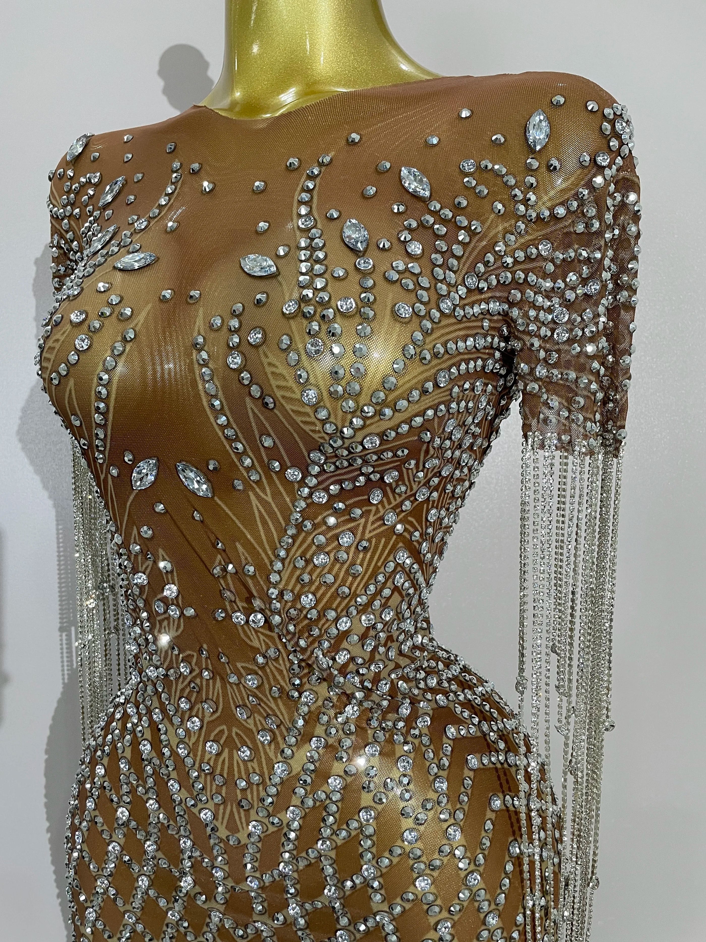 Luxery Sparkly Rhinestones Tassel Transparent Mesh Stretch Long Dress Women Evening Celebrate Birthday Dress Sexy Stage Costumes