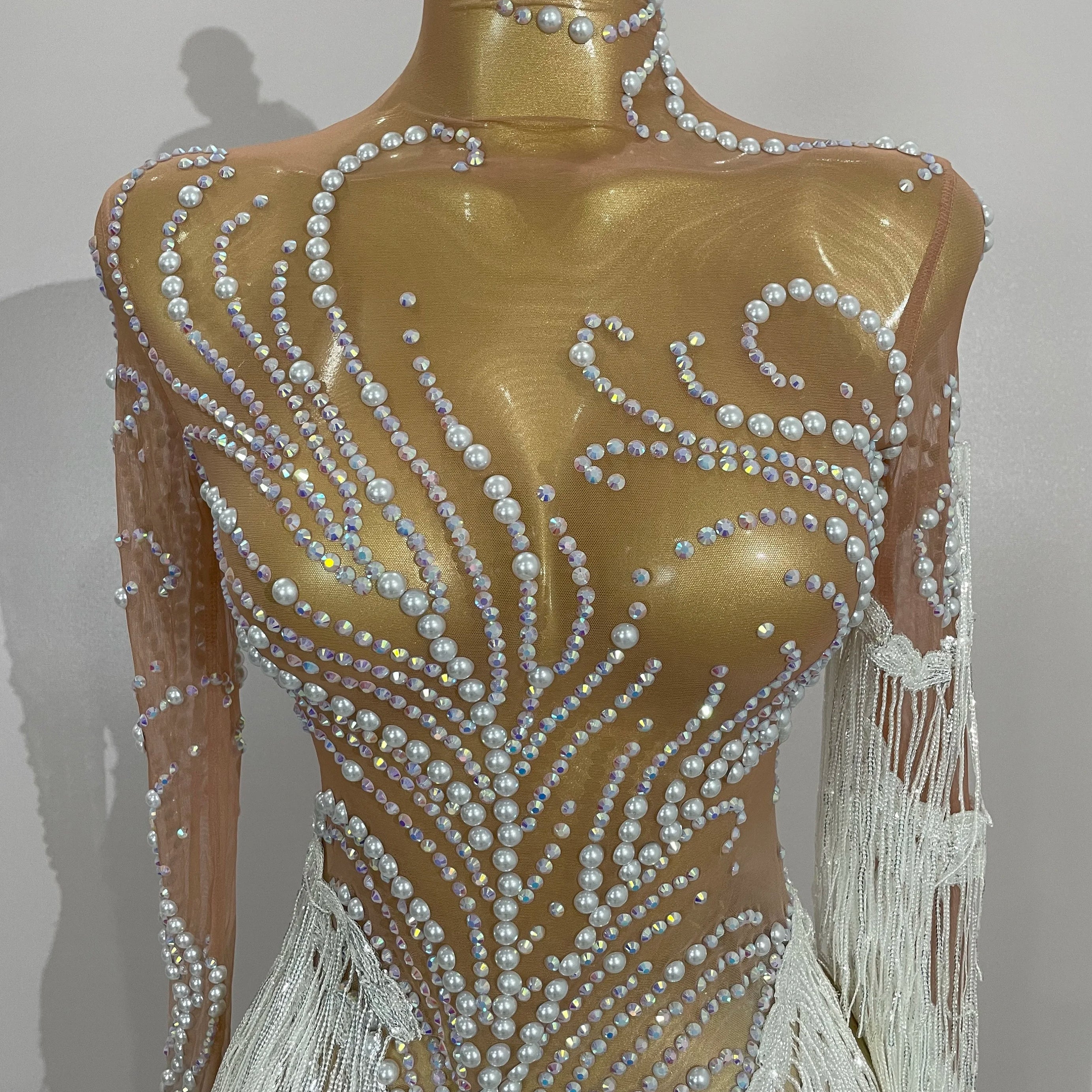 Women Sparkly Rhinestone Pearl Sequins Tassel Sexy Transparent Dress Evening Birthday Party Nightclub Dance Singer Stage Outfit