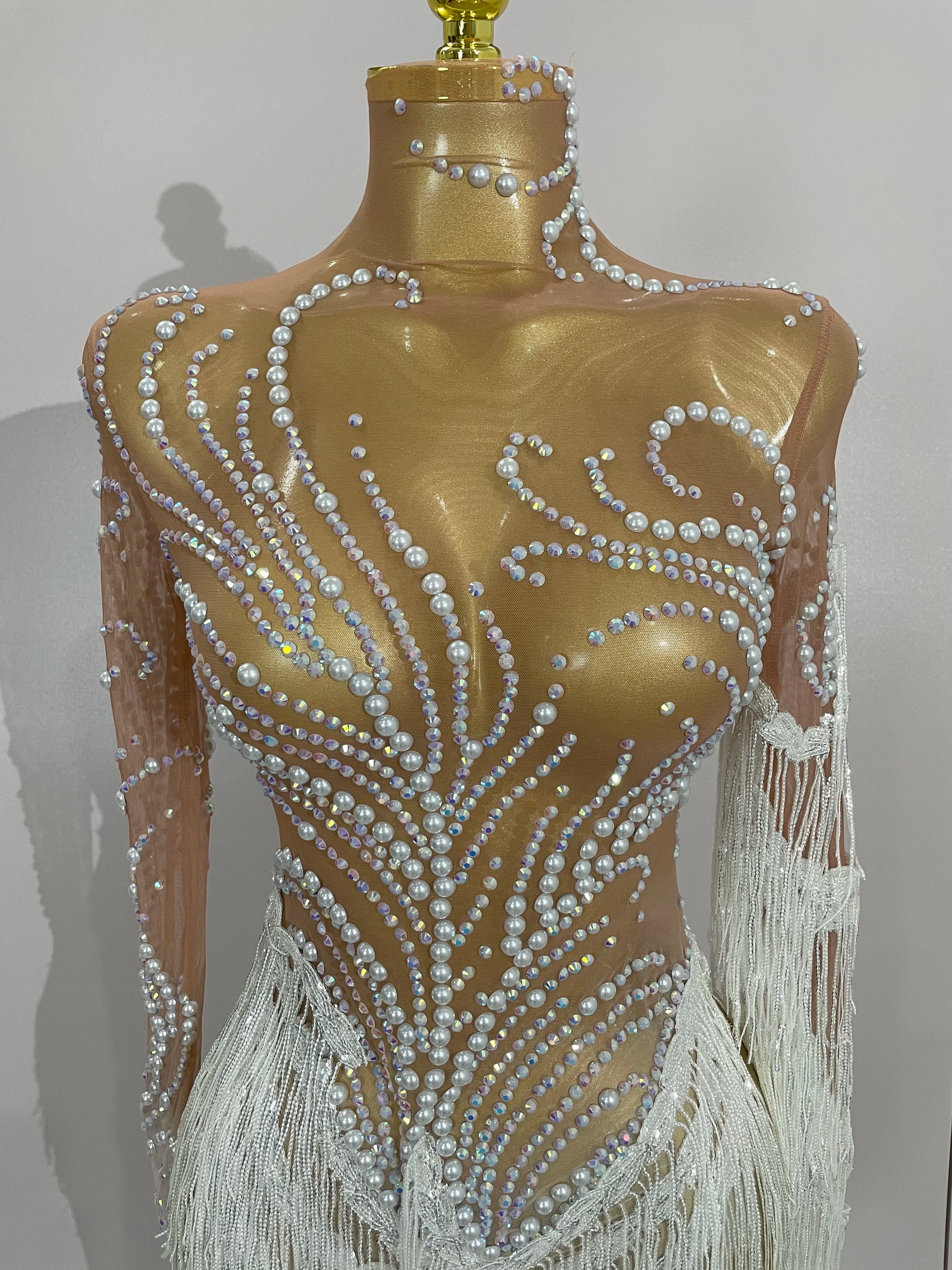 Women Sparkly Rhinestone Pearl Sequins Tassel Sexy Transparent Dress Evening Birthday Party Nightclub Dance Singer Stage Outfit