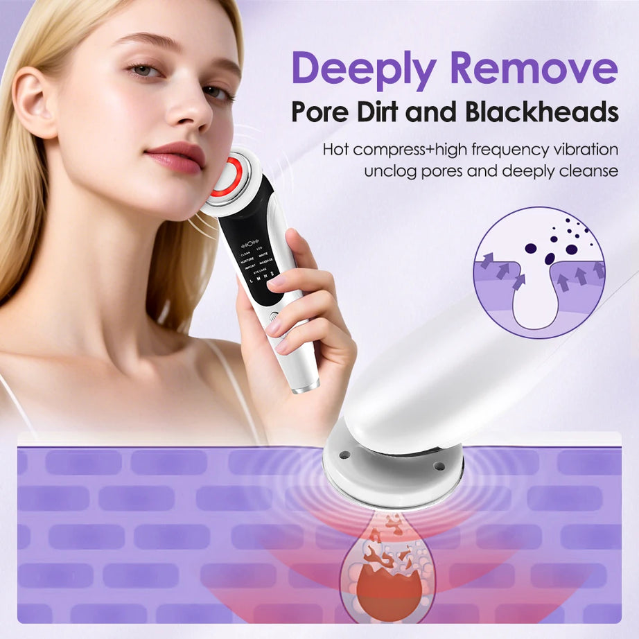 Appareil de massage facial EMS 7 en 1, instrument de beauté pour le visage avec vibrations induites, compresses chaudes et thérapie par la lumière LED.
