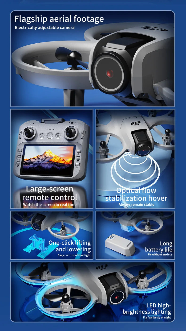 Drone GT3 MAX 2025 - 8K HD 4,3" - Télécommande - Mode sans tête - Hélicoptère - Flip 360° - Quadricoptère - Jouet - Mini drone - Cadeau pour enfant