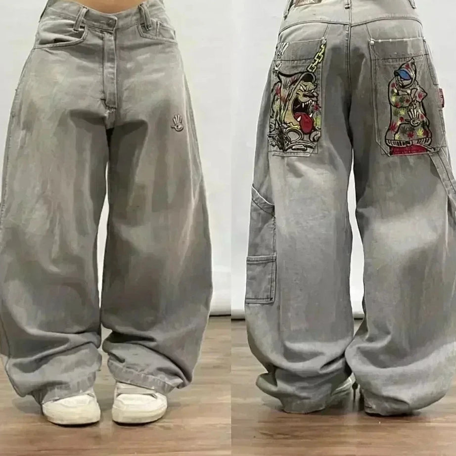 Jean tendance streetwear brodé de têtes de mort pour femme, style Harajuku Y2K, pantalon droit à jambes larges, style Joker, jean décontracté pour couple