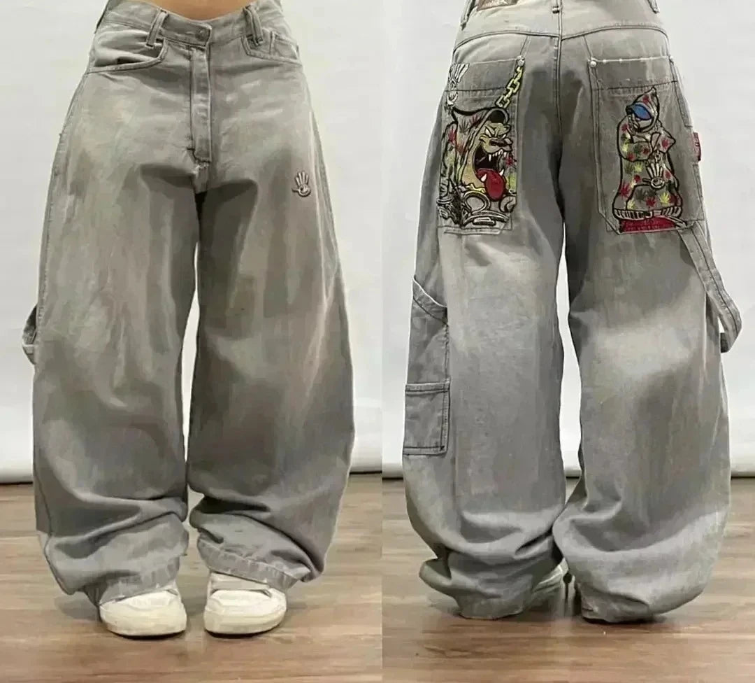 Jean tendance streetwear brodé de têtes de mort pour femme, style Harajuku Y2K, pantalon droit à jambes larges, style Joker, jean décontracté pour couple