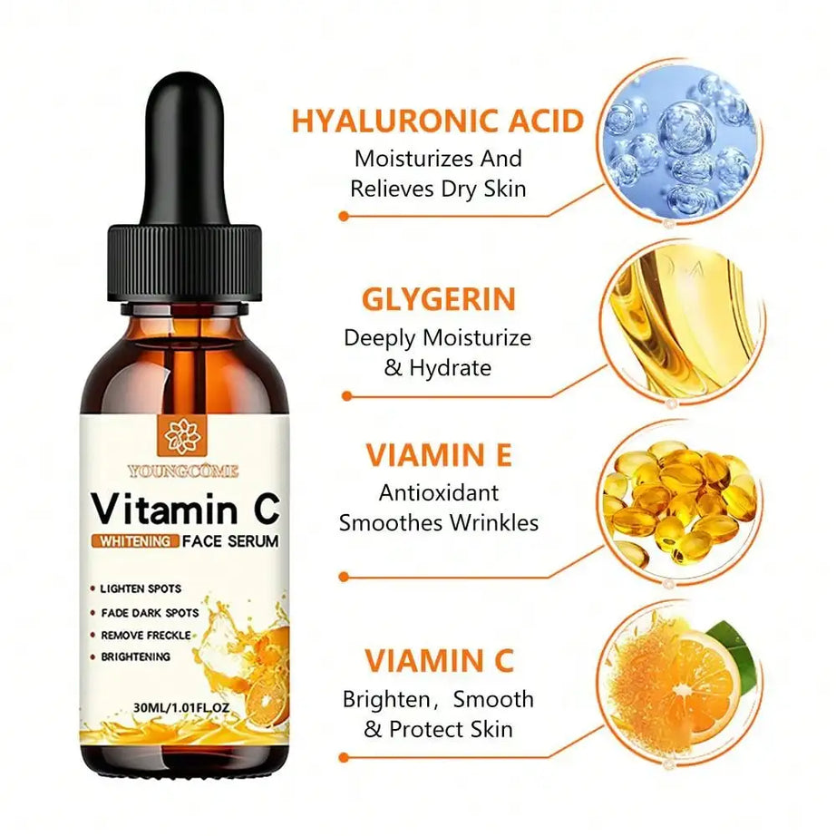 Essence pour le visage à la vitamine C contenant de l'acide hyaluronique, estompe les taches brunes, hydrate, répare et lutte contre le vieillissement cutané. Soin du visage 30 ml