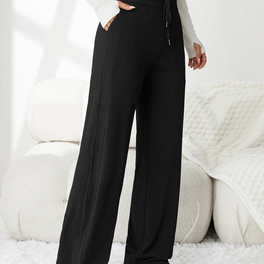 Pantalon rayé taille haute à cordon de serrage pour femme – Tissu drapé très extensible, coupe amincissante, idéal pour les loisirs et les trajets quotidiens
