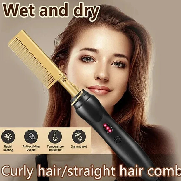 Peigne chauffant électrique rose, fer à lisser pour cheveux, barbe et perruques, utilisable sur cheveux secs ou mouillés.