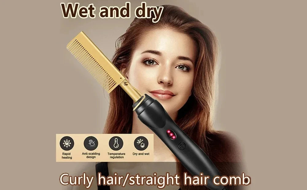 Peigne chauffant électrique rose, fer à lisser pour cheveux, barbe et perruques, utilisable sur cheveux secs ou mouillés.