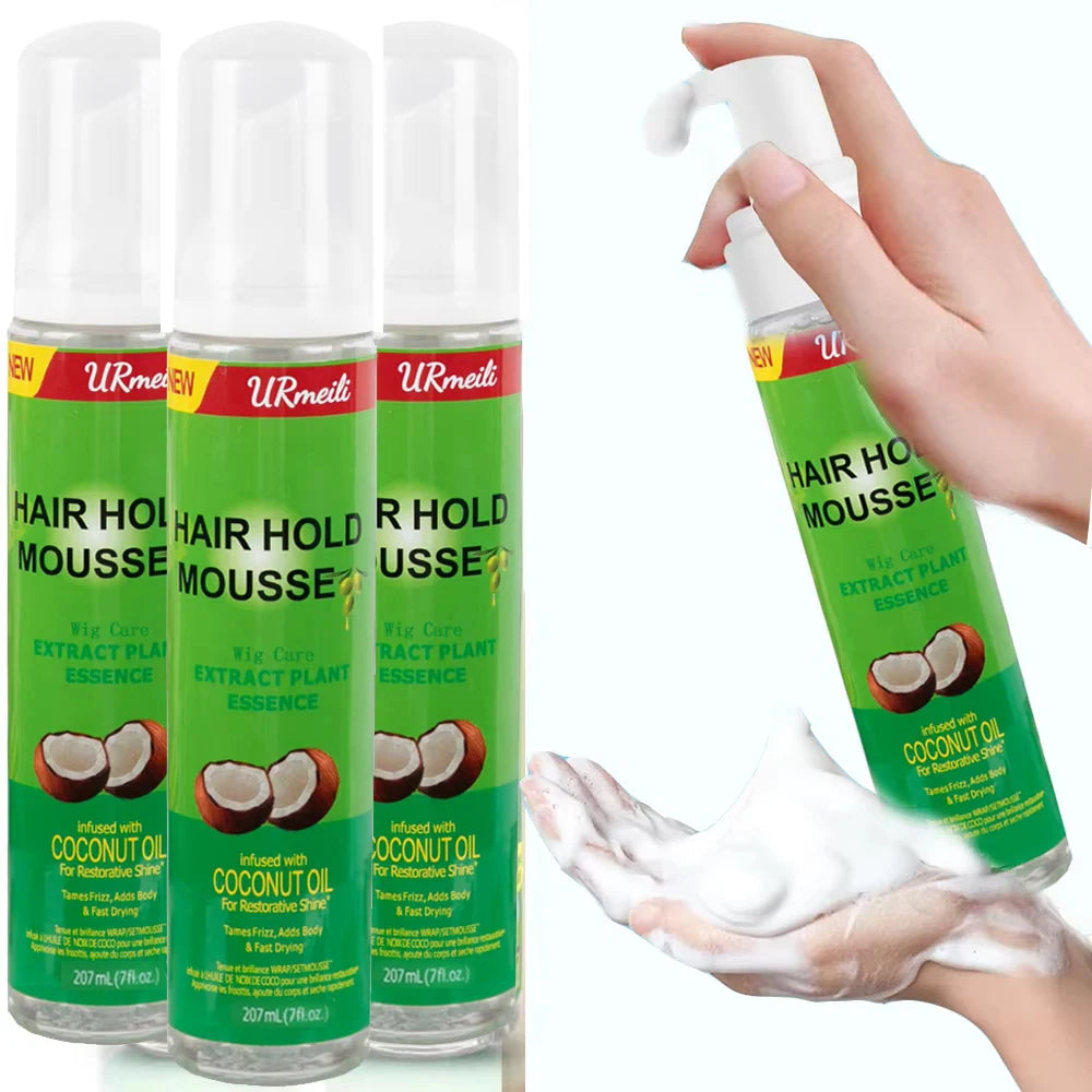 Mousse coiffante pour cheveux bouclés (207 ml) pour perruques, fixation forte, à l'huile d'olive, anti-frisottis, pour femmes.