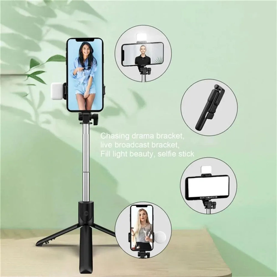 Perche à selfie sans fil avec support de téléphone, mini trépied multifonctionnel rétractable de 74 cm, lampe selfie LED et déclencheur à distance Bluetooth.
