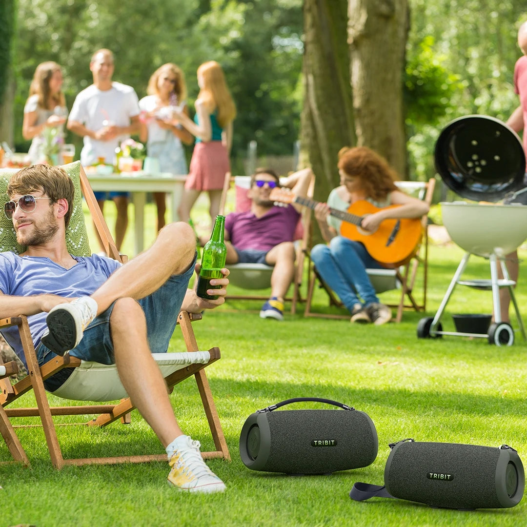 Enceinte Bluetooth portable TRIBIT StormBox Lava 80W avec batterie externe intégrée, contrôle via application, étanche IP67, idéale pour les activités de plein air, le camping et les fêtes.