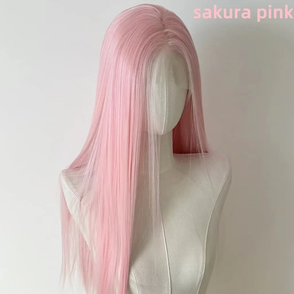 Perruque rose clair pour femme, perruque frontale en dentelle 13x4, 66 cm de long, lisse, en fibres synthétiques douces et naturelles résistantes à la chaleur, perruque cosplay