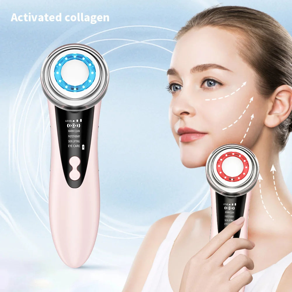 Appareil de massage facial EMS 7 en 1, instrument de beauté pour le visage avec vibrations induites, compresses chaudes et thérapie par la lumière LED.
