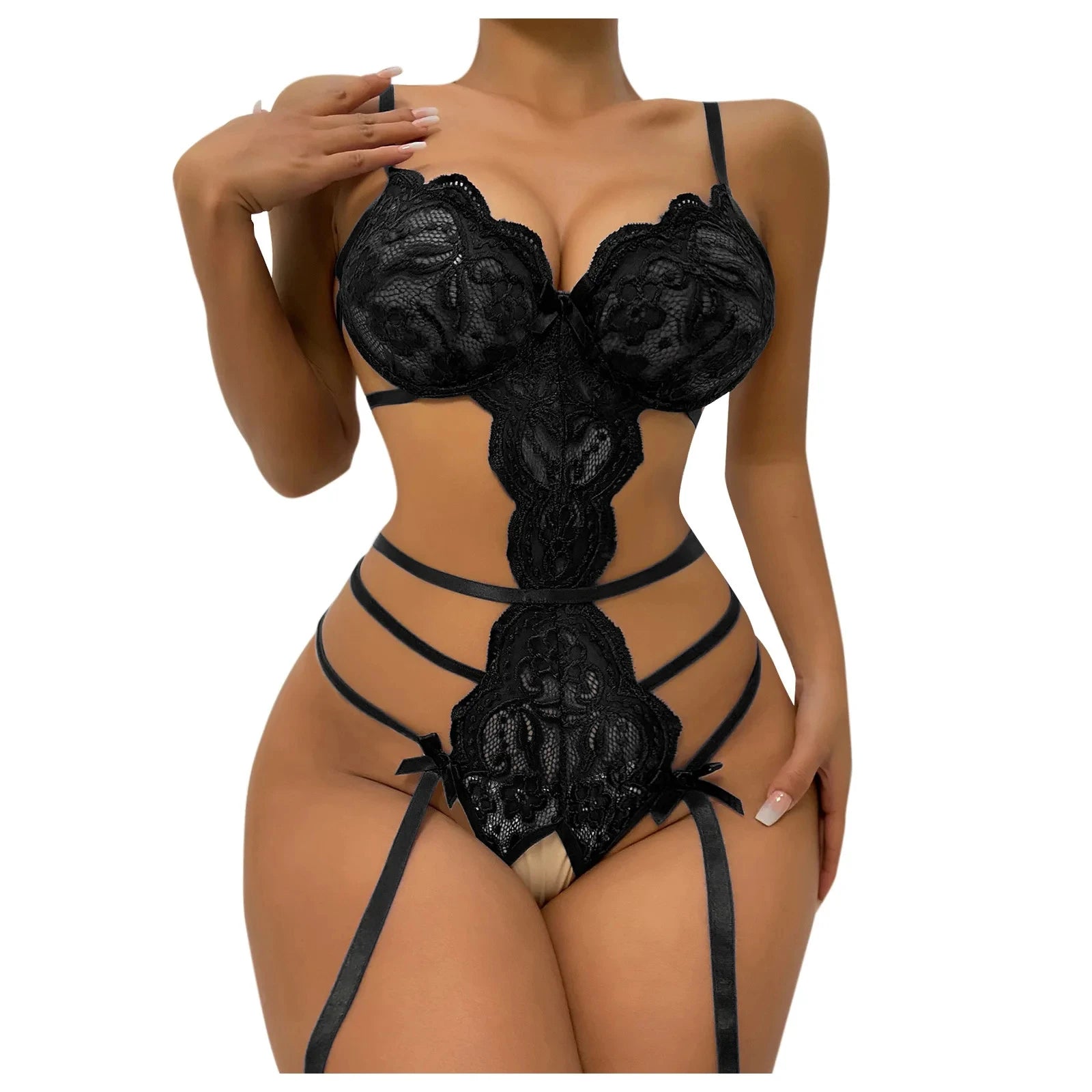 Ensemble de lingerie sexy en dentelle pour femme – Soutien-gorge à volants transparents et string taille haute à bretelles, sous-vêtements transparents élégants