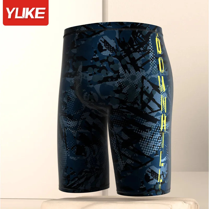 YUKE Asian Size Men's Swimming Trunks Shorts Long to Knee Competitive Swim Training Swimsuit Men Pants Quick dry Printed
