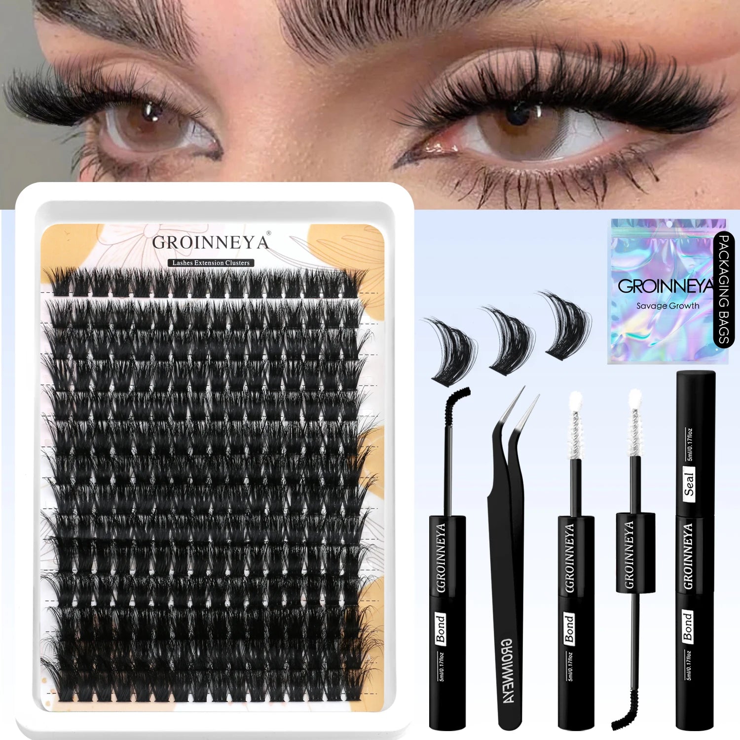 Kit de faux cils GROINNEYA avec patchs waterproof à tenue forte, kit d'extension de cils à faire soi-même, colle et fixateur, pince à épiler et maquillage.