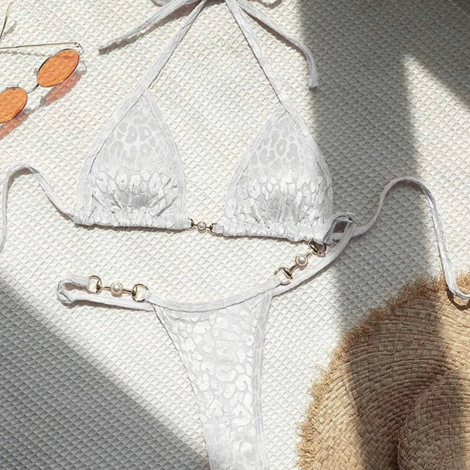 Micro bikini rose brillant 2025 Femme Sexy PU Perles Push-up String Maillot de bain été Maillot de bain bandage vacances
