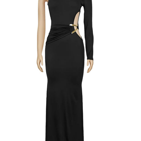 Beyprern Beautiful One Sleeve Cut-Out Metal Tirm Long Maxi Dress For Women Glam Solid Color Slim Party Dress Christmas Outfits