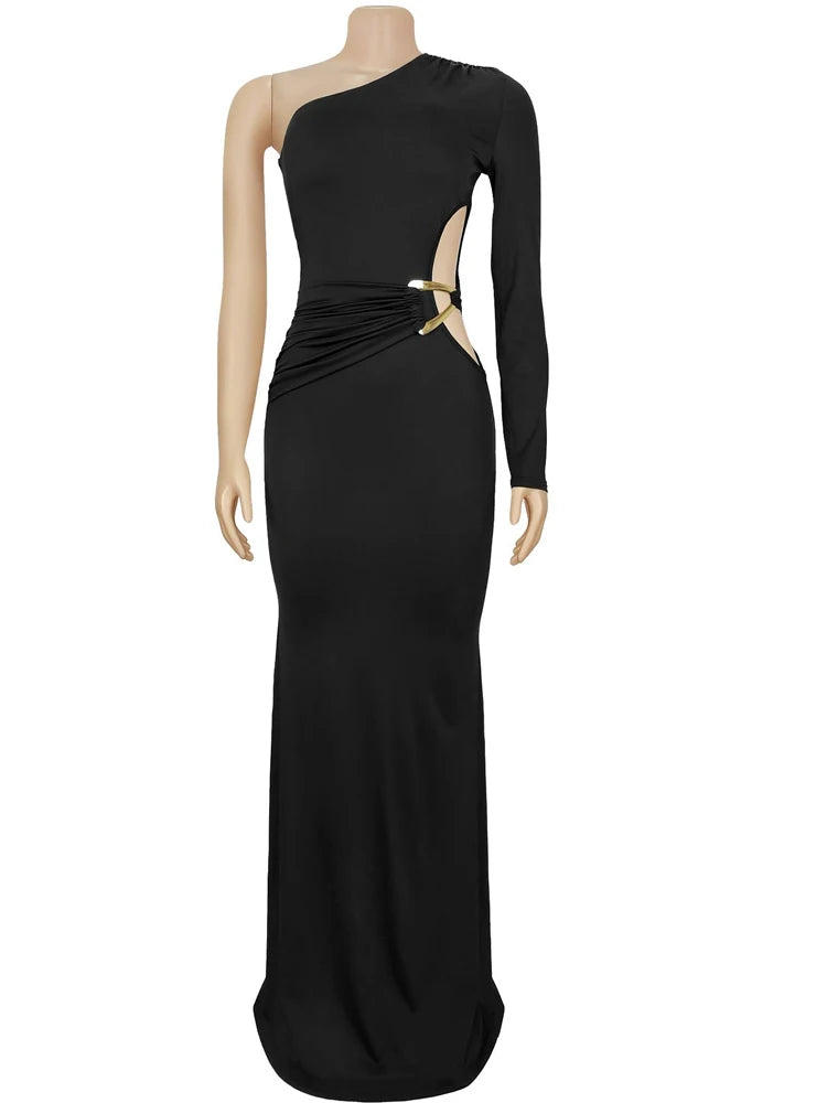 Beyprern Beautiful One Sleeve Cut-Out Metal Tirm Long Maxi Dress For Women Glam Solid Color Slim Party Dress Christmas Outfits