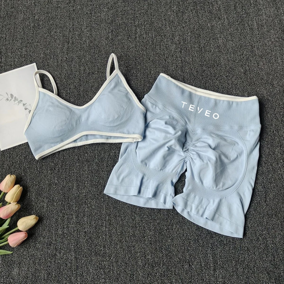 TEVEO 2pcs Women's Sports Yoga Shorts Fitness Cycling Elastic Sports Pants Ignite Sculpt Scrunch Short Yoga Bra Set leggings