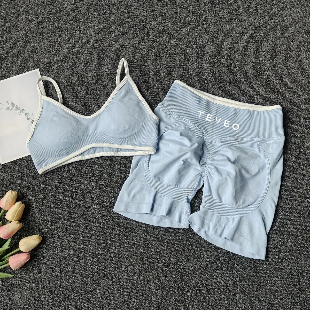 TEVEO 2pcs Women's Sports Yoga Shorts Fitness Cycling Elastic Sports Pants Ignite Sculpt Scrunch Short Yoga Bra Set leggings