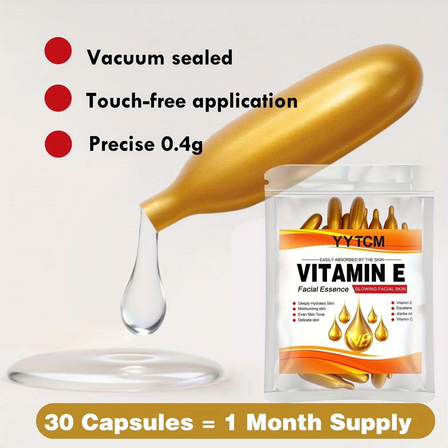 Capsules d'essence hydratante intense à la vitamine E, hydrate et lisse la peau, contient du squalane végétal et de la vitamine C. Essence hydratante et illuminatrice pour le teint (0,4 g x 30 capsules) / 1 sachet