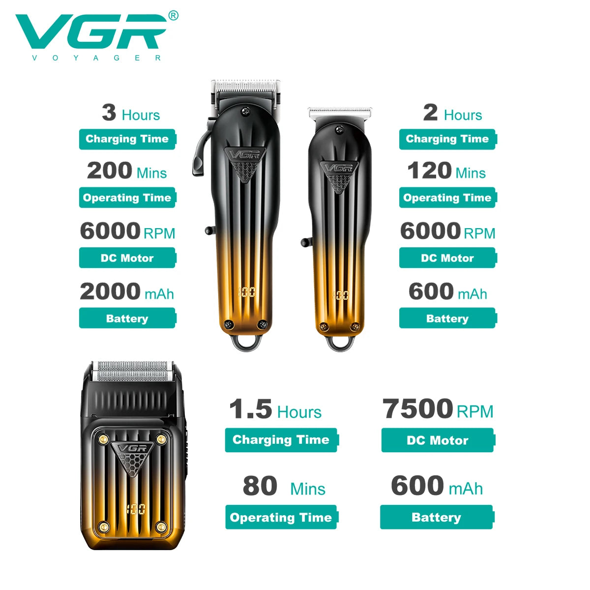 Tondeuse à cheveux électrique combinée VGR 644 avec dégradé, rechargeable, professionnelle, pour homme.