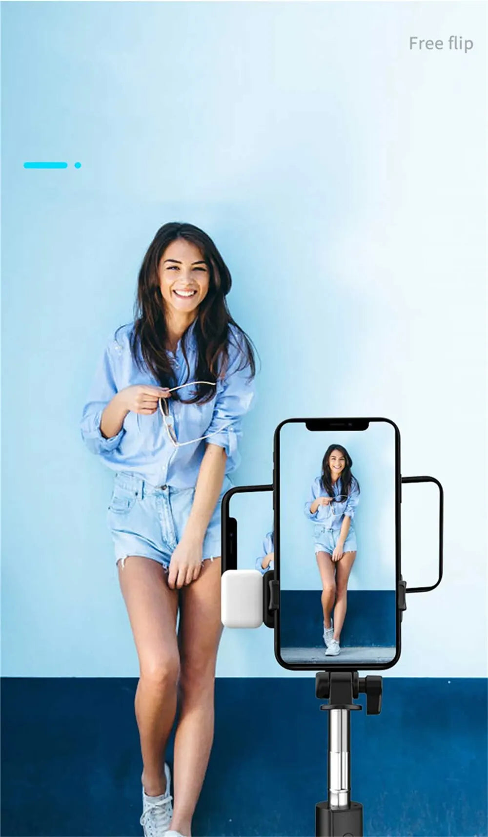 Perche à selfie sans fil avec support de téléphone, mini trépied multifonctionnel rétractable de 74 cm, lampe selfie LED et déclencheur à distance Bluetooth.