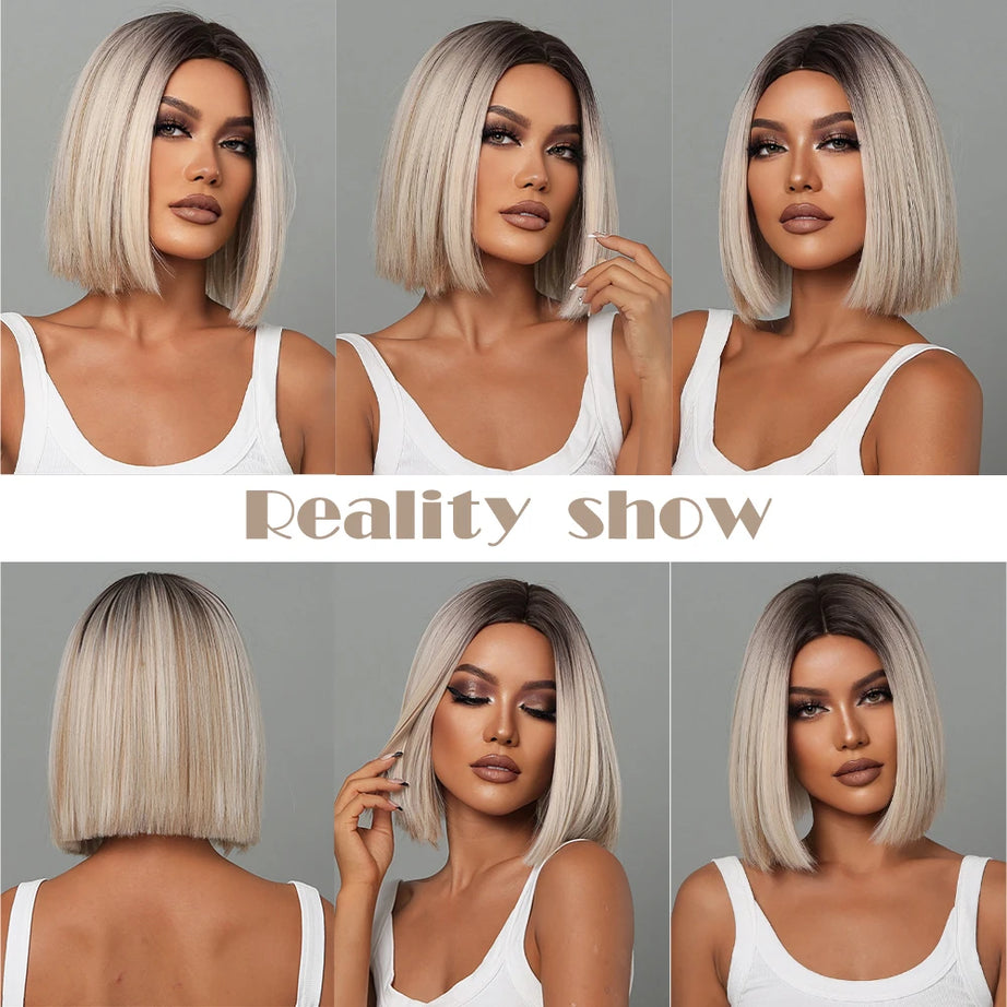 Perruque synthétique blanche, blonde et grise avec frange, coupe courte et lisse, idéale pour le cosplay et le quotidien. Cheveux naturels et résistants à la chaleur.
