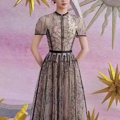 Robe DEAT élégante à col rond, broderie, patchwork de gaze, coupe trapèze, unie, robe de soirée femme printemps 2026, nouvelle mode 35Z927