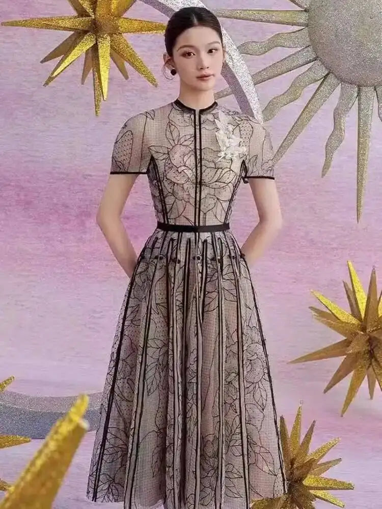 Robe DEAT élégante à col rond, broderie, patchwork de gaze, coupe trapèze, unie, robe de soirée femme printemps 2026, nouvelle mode 35Z927